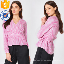 Rosa y blanco de algodón a rayas de manga larga con cuello en v verano blusa de fabricación al por mayor de prendas de vestir de las mujeres de moda (TA0049B)